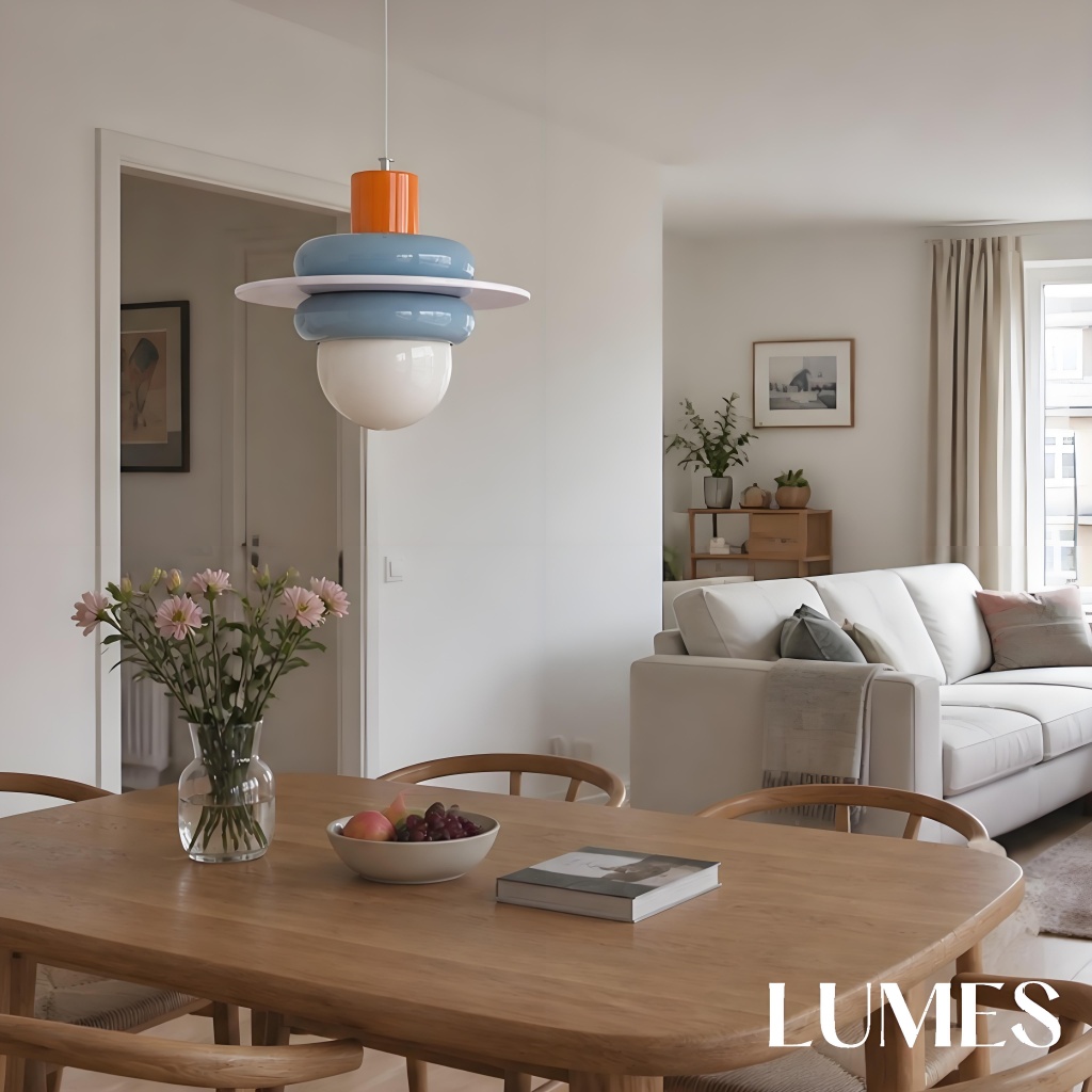 Sea salt blue pendant in a bright living and dining room