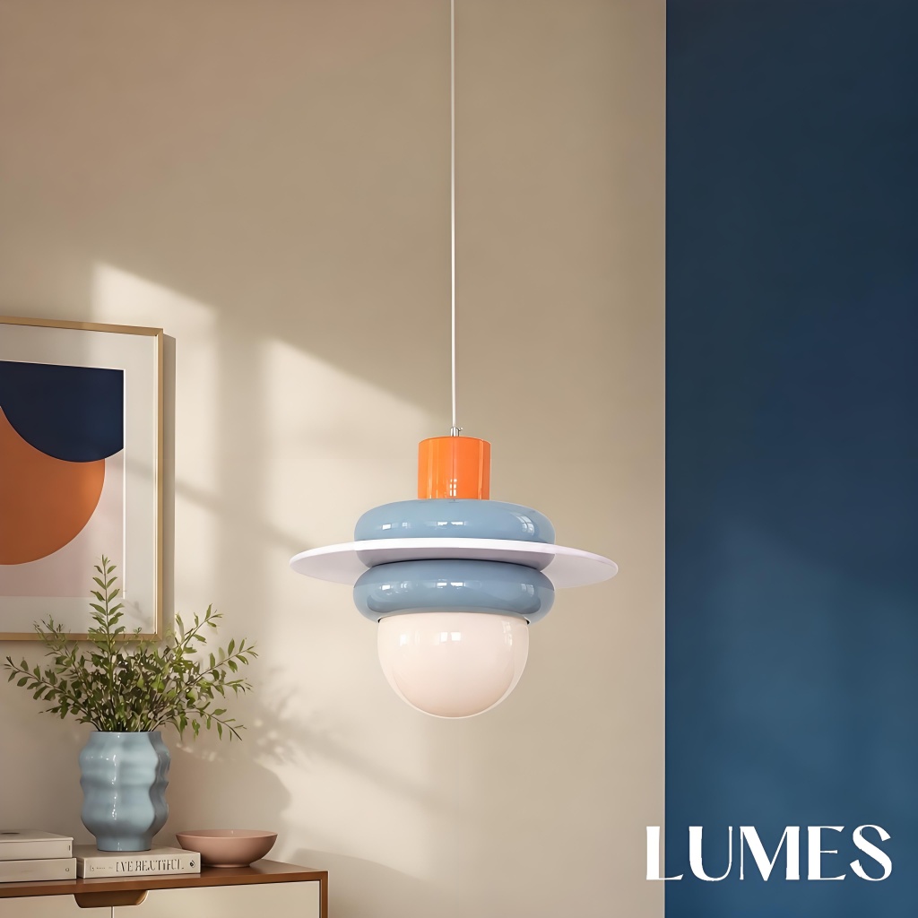Sea salt blue pendant in a warm two-tone room