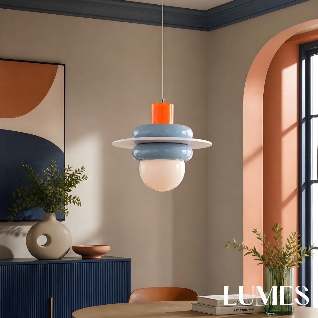 Sea salt blue pendant in a warm room with arched window