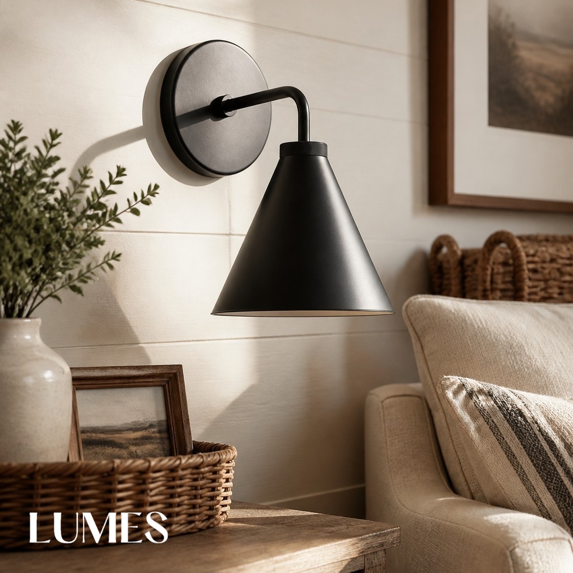 Korvi matte black wall lamp in a cozy living room