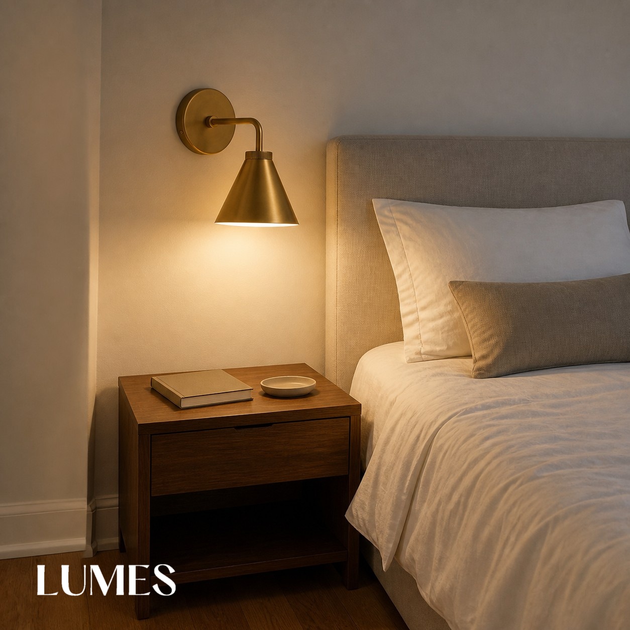 Korvi wall lamp illuminated over a bedroom nightstand