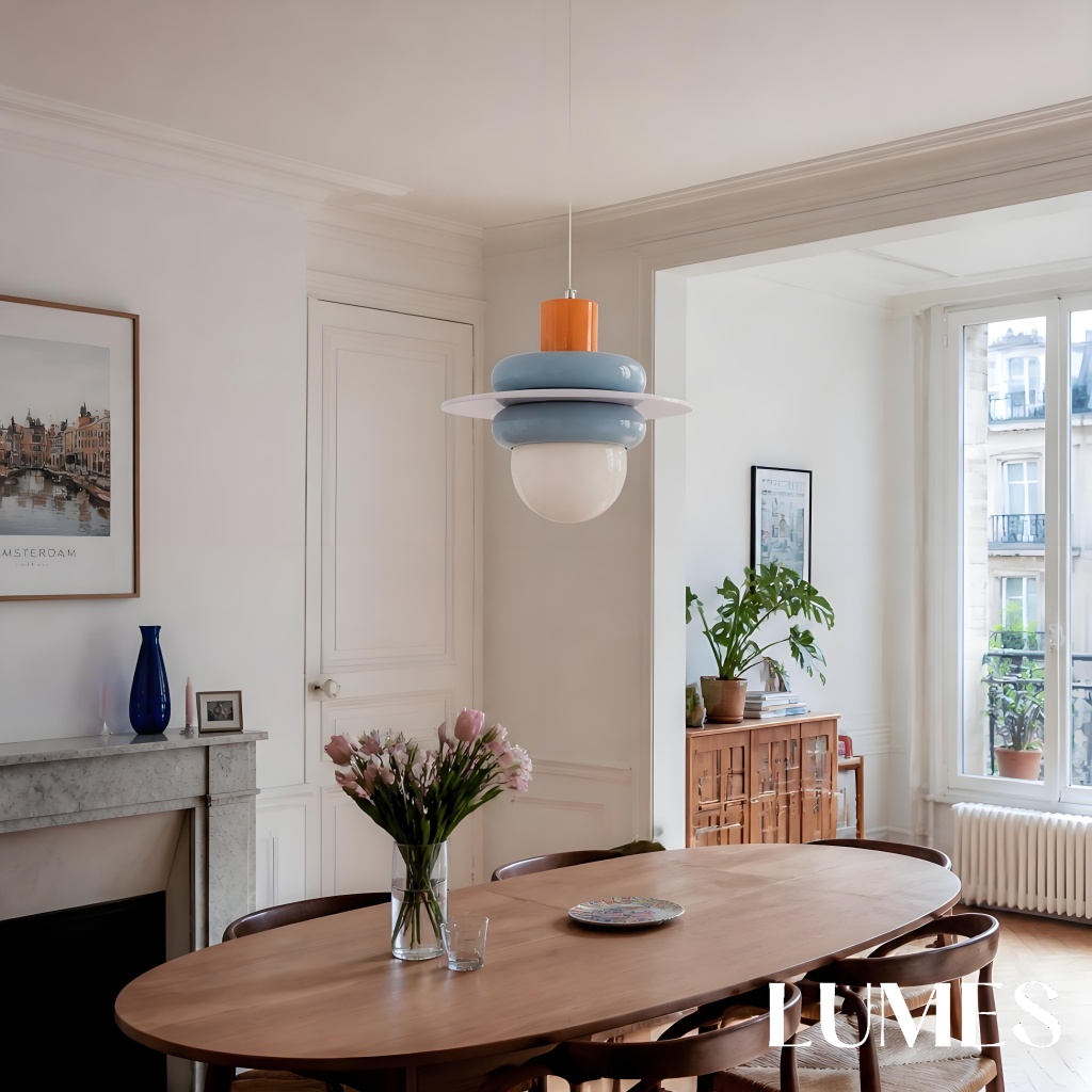 Sea salt blue pendant above a dining table