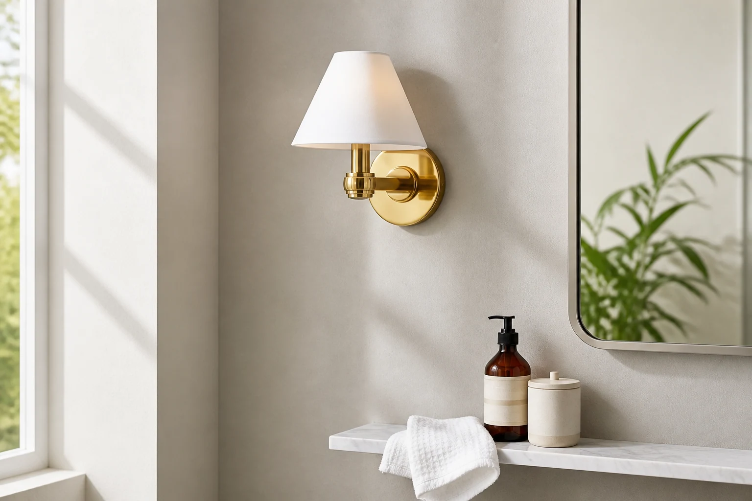 Roven wall light styled in a bathroom vanity setting