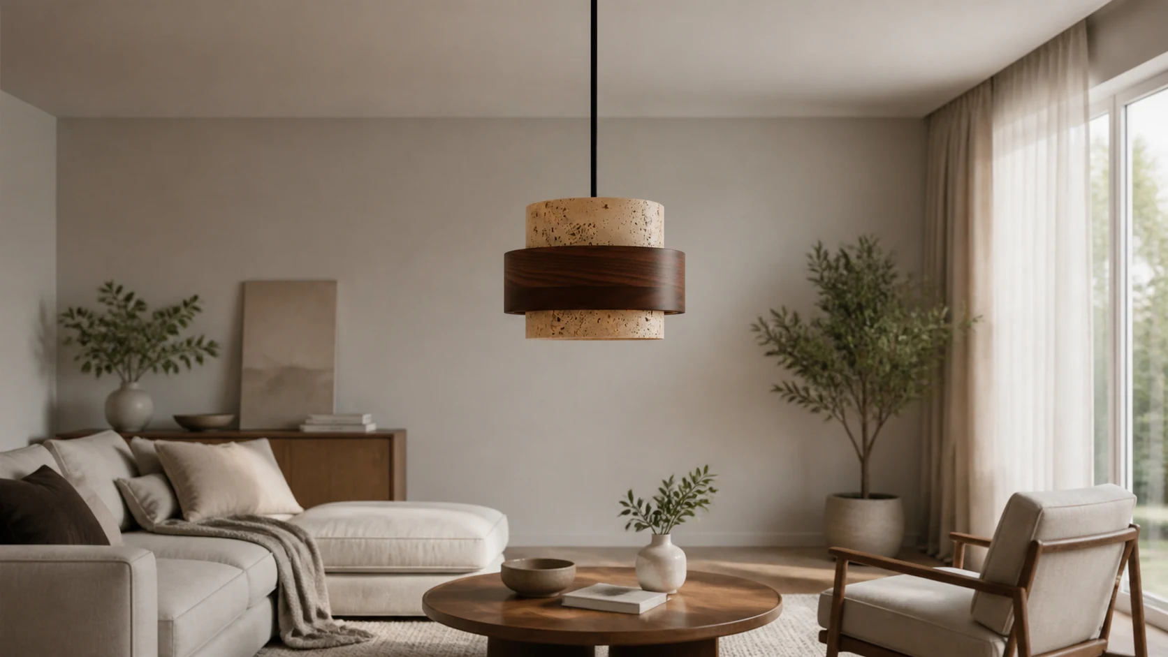 Stonel travertine cylinder pendant lamp with wood frame in a 16:9 interior scene