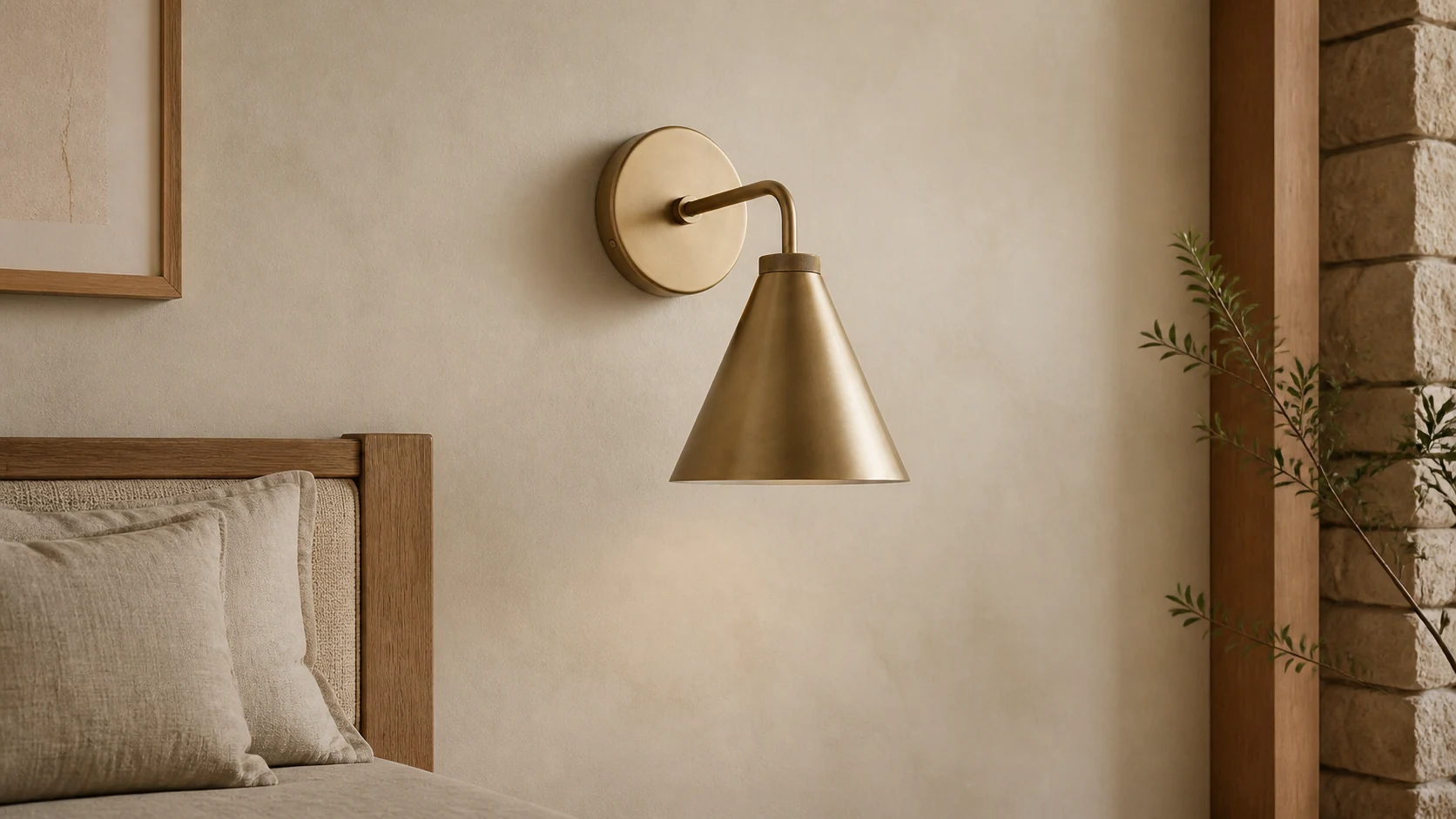 Korvi tumbled brass wall lamp in a bedroom scene