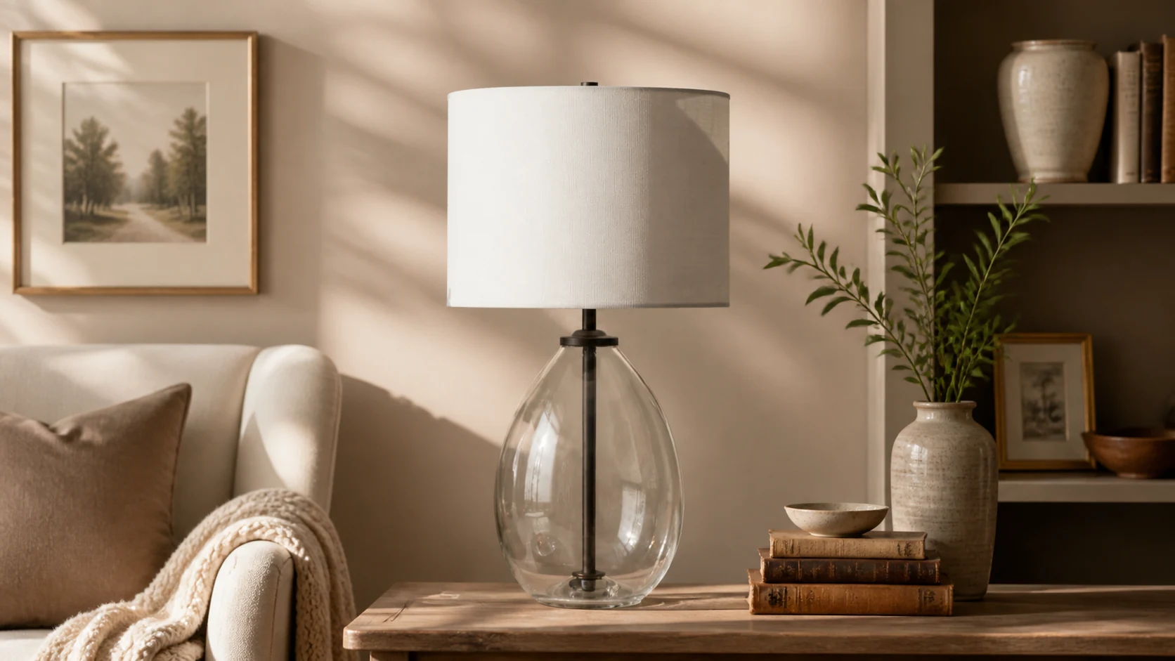 Wide room scene with Sustaina recycled glass table lamp
