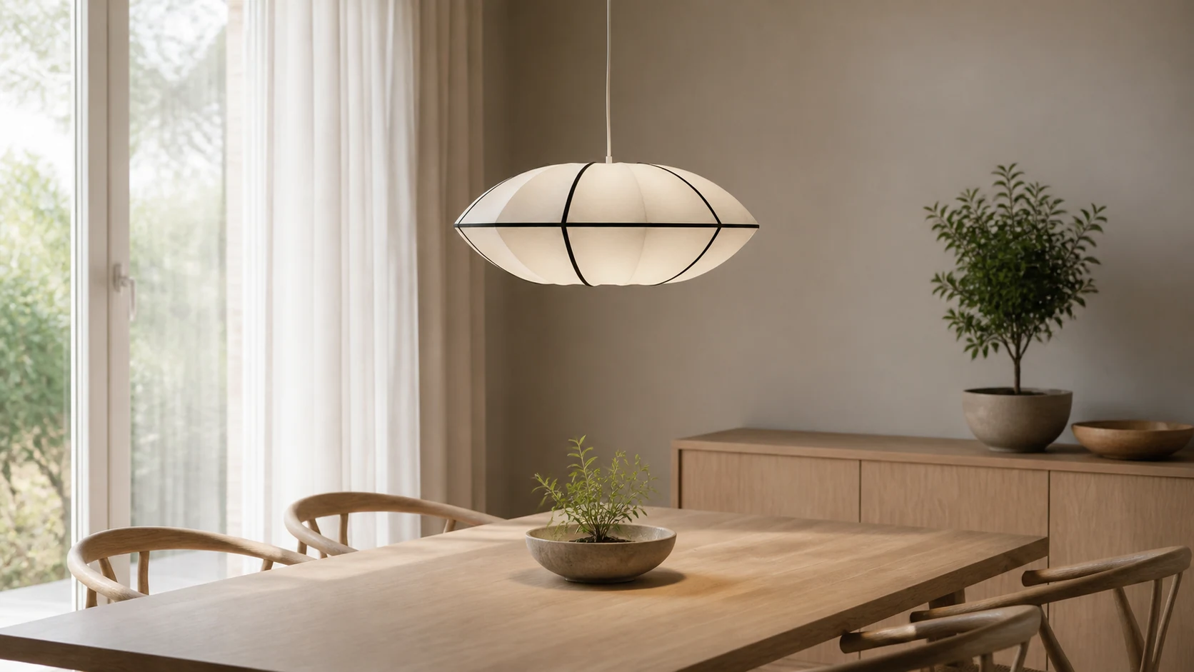 Orbina UFO disc pendant light installed in a modern dining room