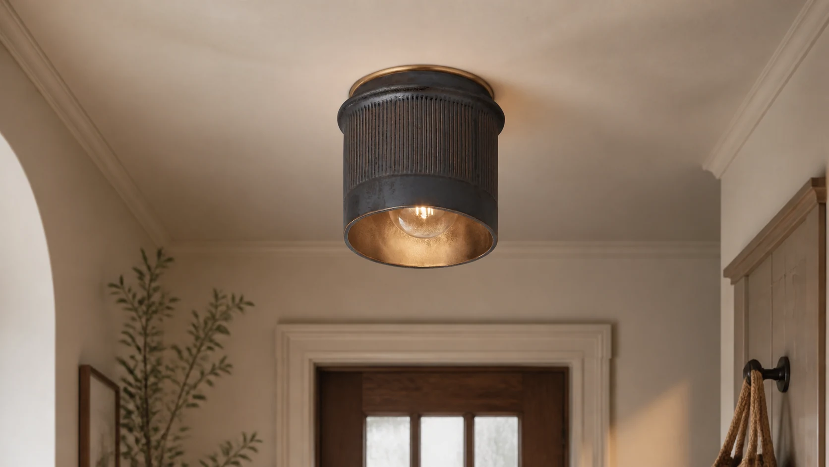 Rustic black geometric metal flush mount ceiling light installed in an entryway