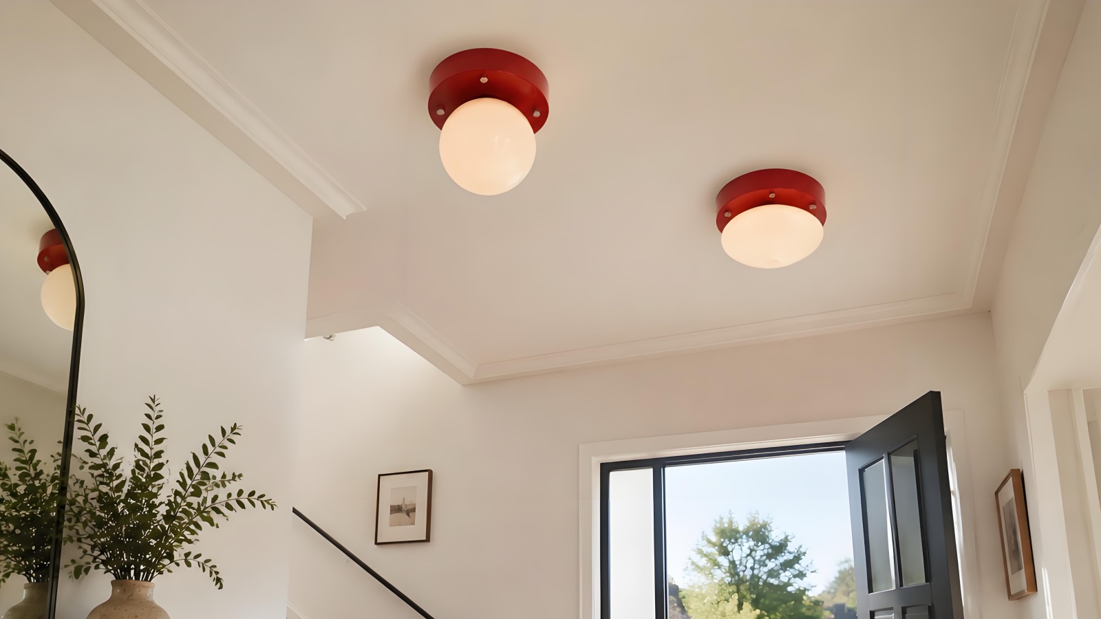 Memphis red glass LED flush mount ceiling light in a room scene
