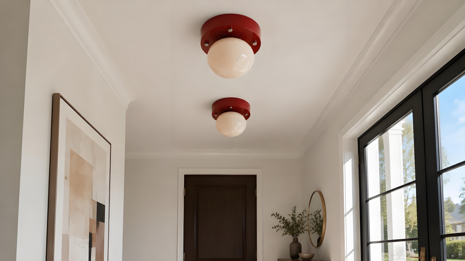 Memphis red glass ceiling light in warm interior scene