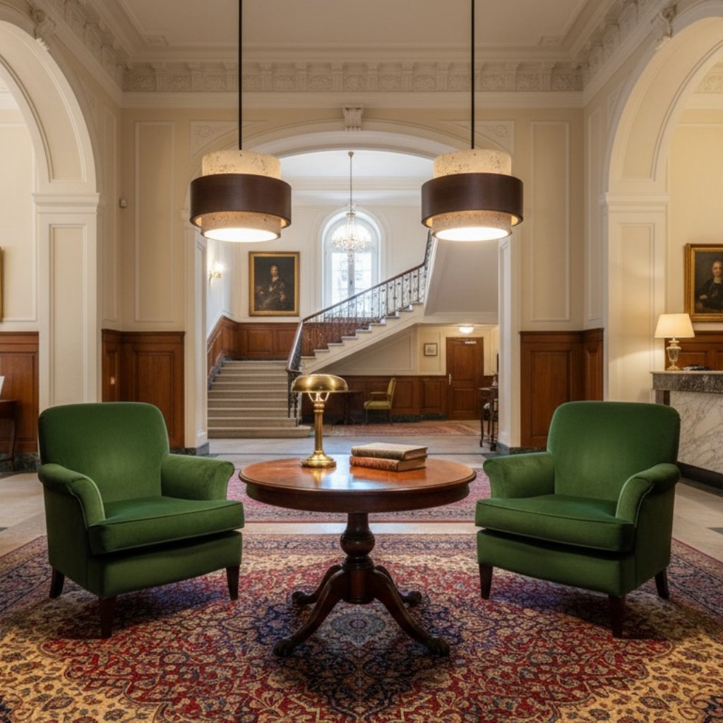 Formal interior scene showing the pendant lamp above a room setting