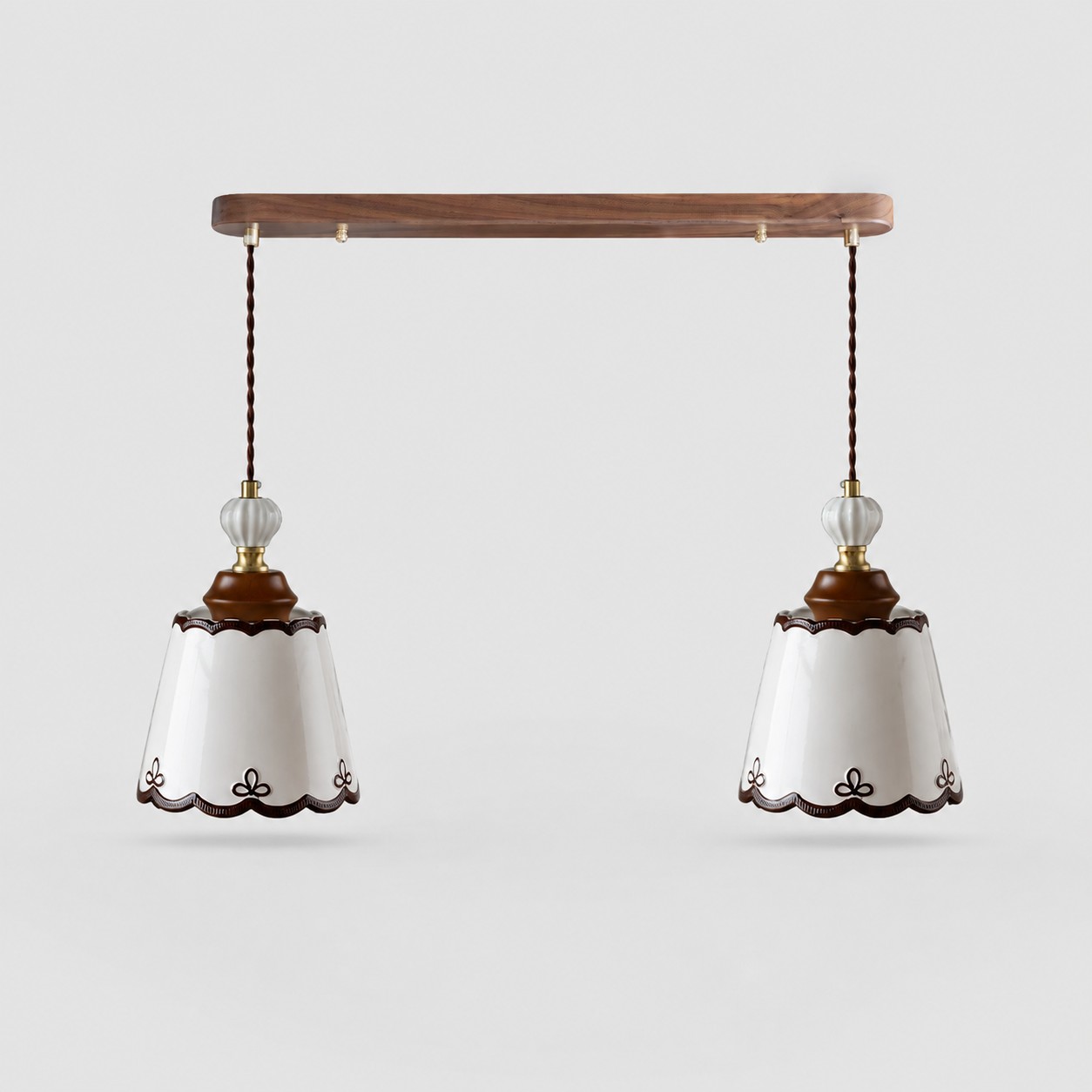 two-light ceramic pendant with a 60 cm wood ceiling plate