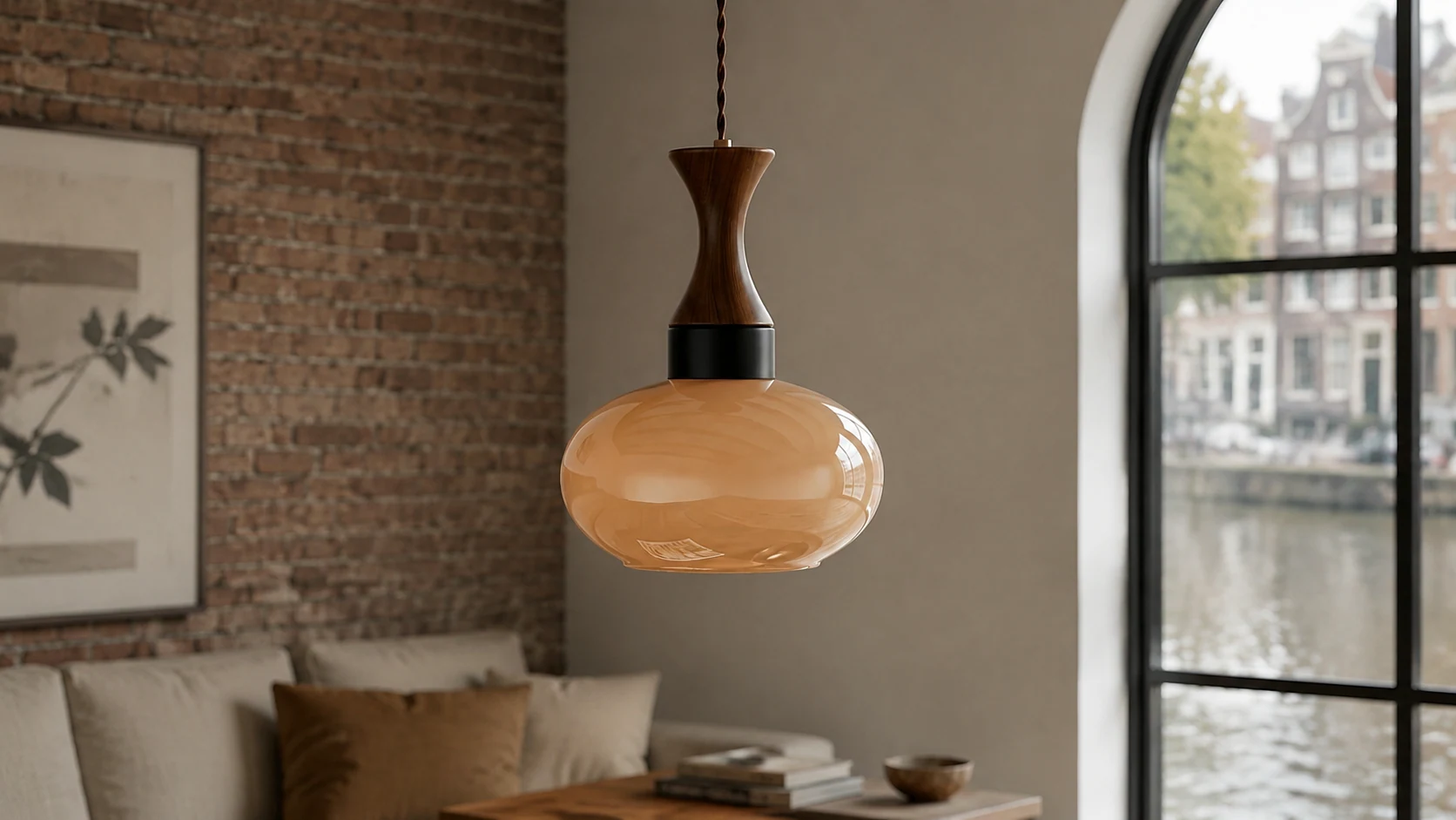 Velora plug-in glass pendant in a warm Scandinavian farmhouse room scene