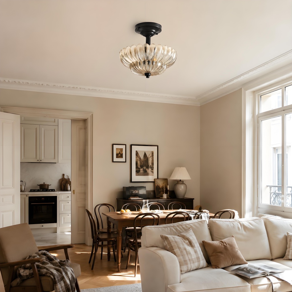 Amber fluted glass ceiling fixture glowing in a styled room scene