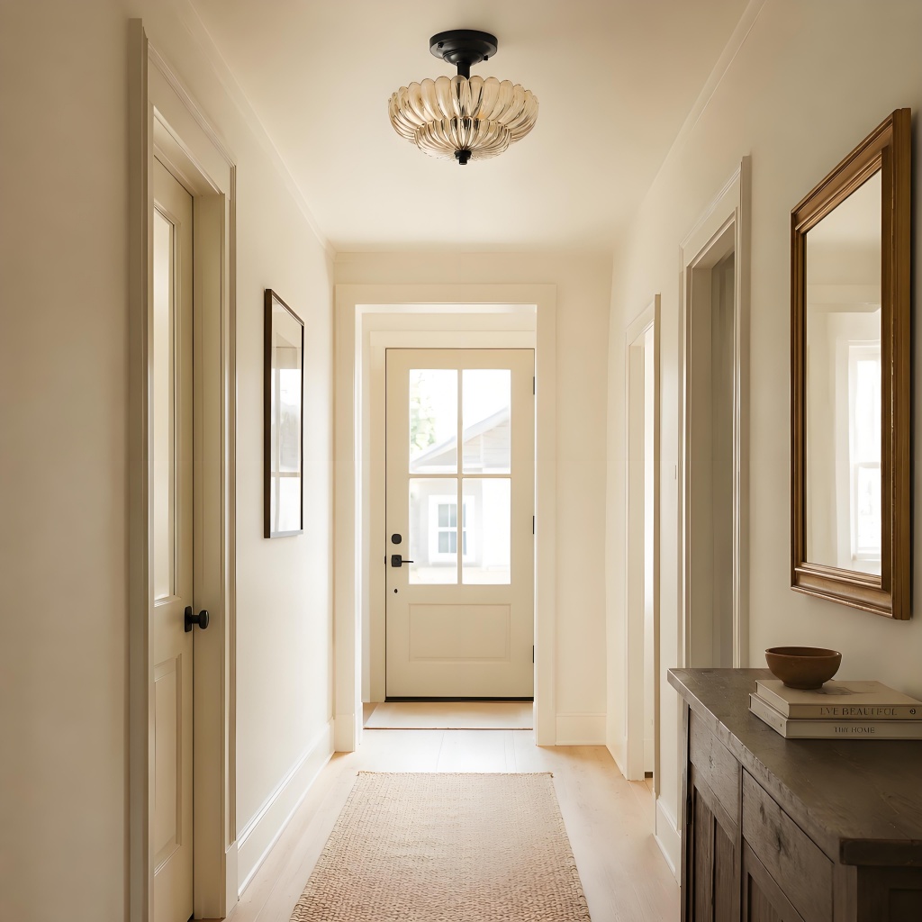 Wide warm interior scene with Vintage Bloom fluted glass ceiling light