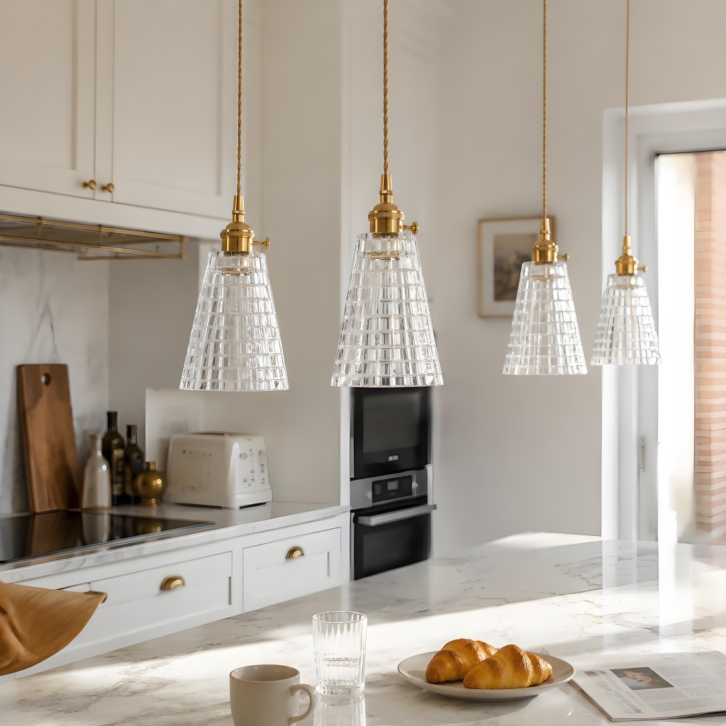 Kitchen island scene with a row of four matching pendant lights