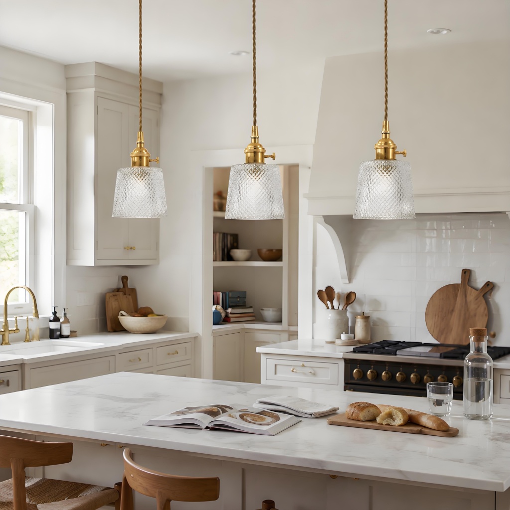 Kitchen lifestyle scene with three pendant lights above an island