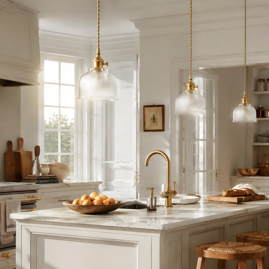 Kitchen lifestyle scene featuring multiple clear pendant lights over an island