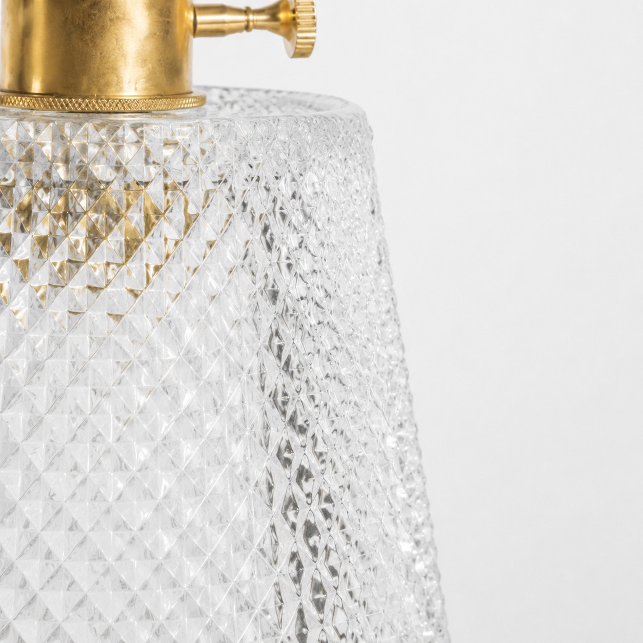 Conical pendant with clear square-grid textured glass and brass hardware