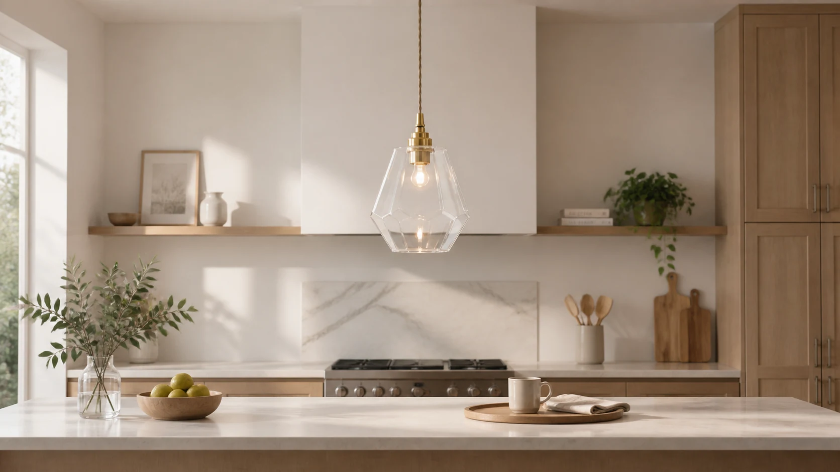 Faceted clear glass pendant light with antique brass holder in a warm interior