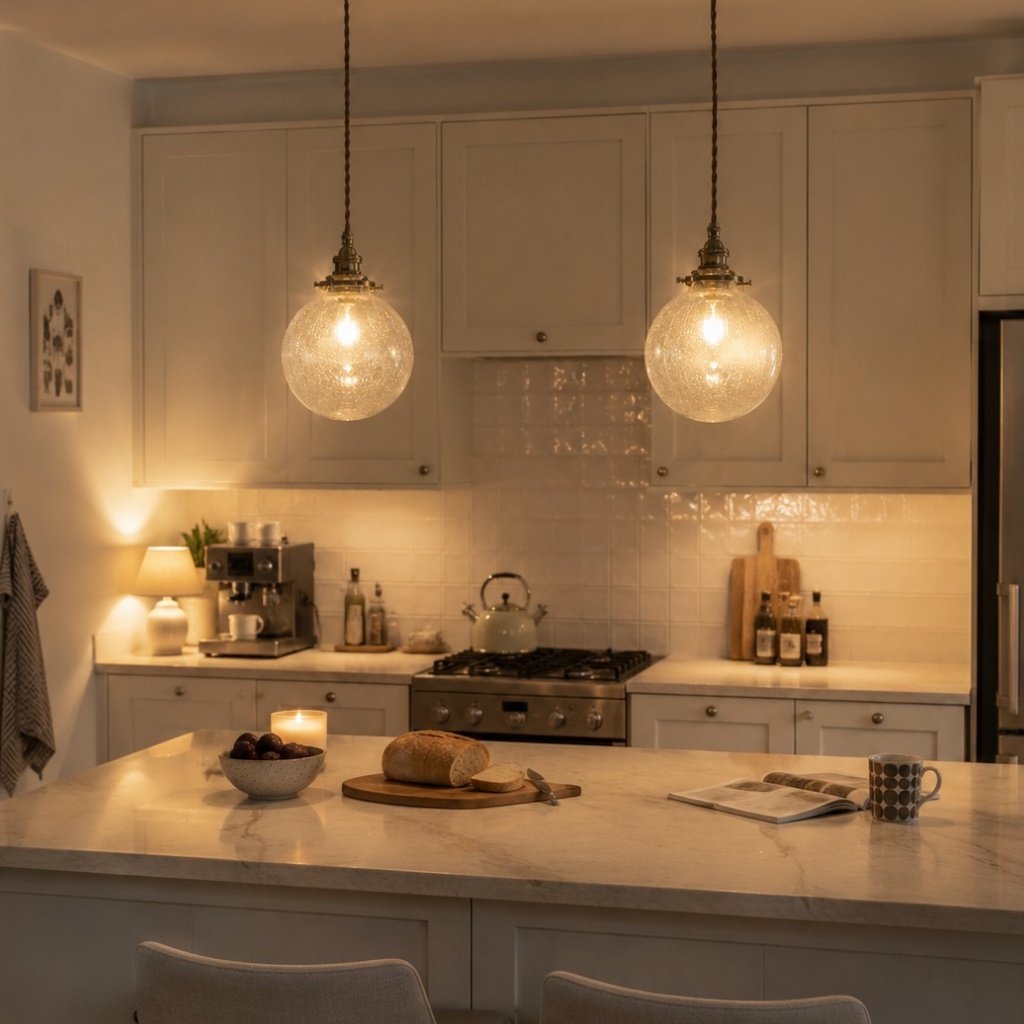 Pendant light over a bright kitchen island scene