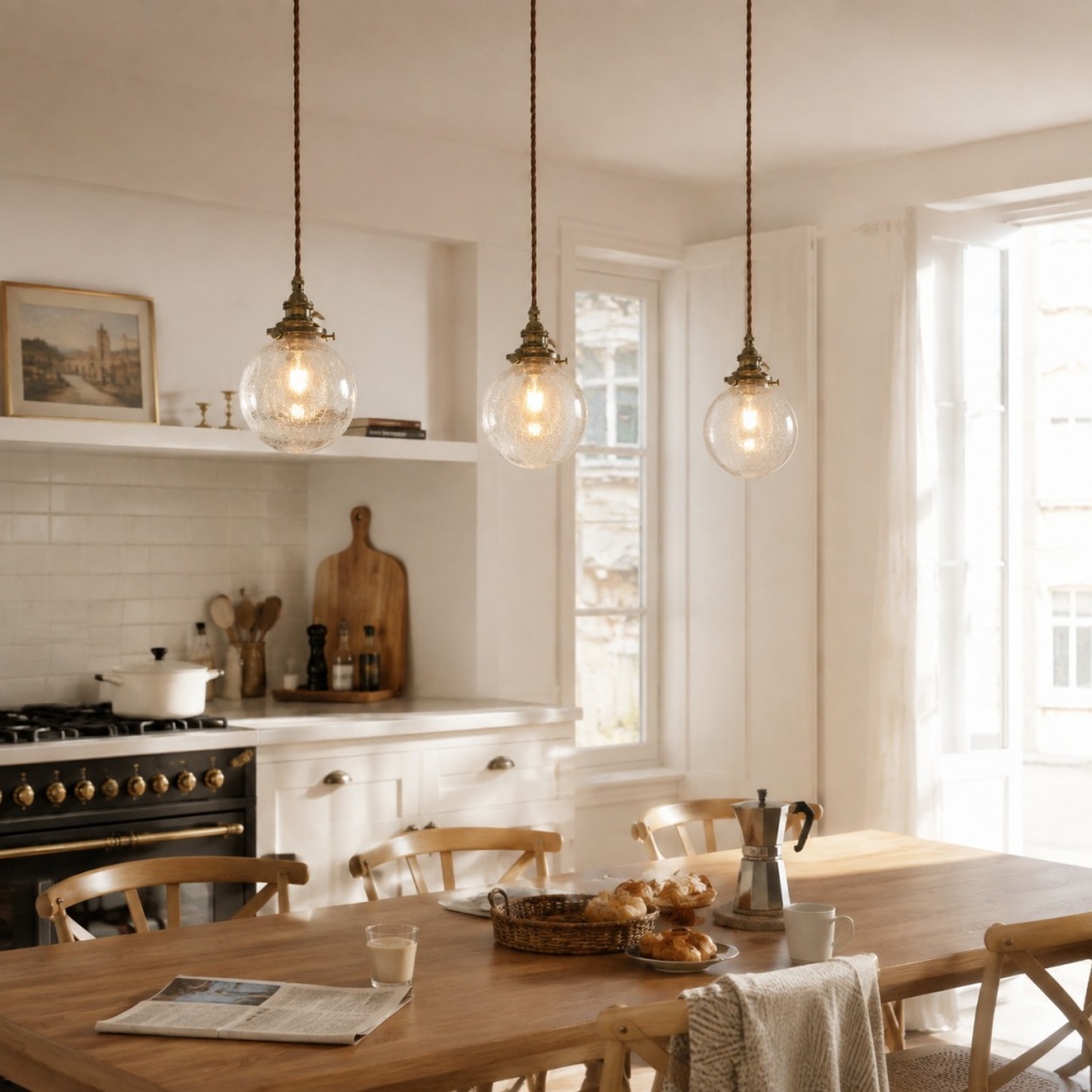 Warm kitchen and dining scene with three pendant lights