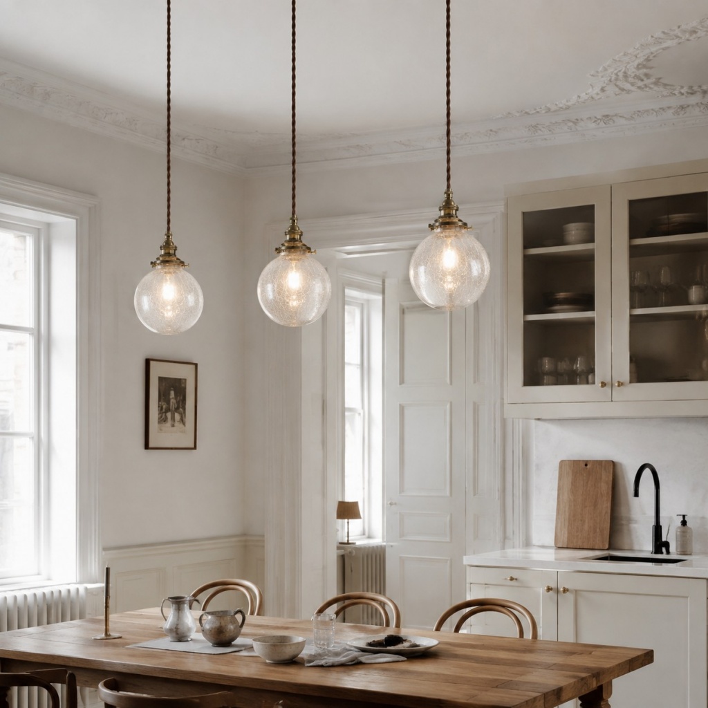 Bright kitchen and dining scene with three crackled glass pendants