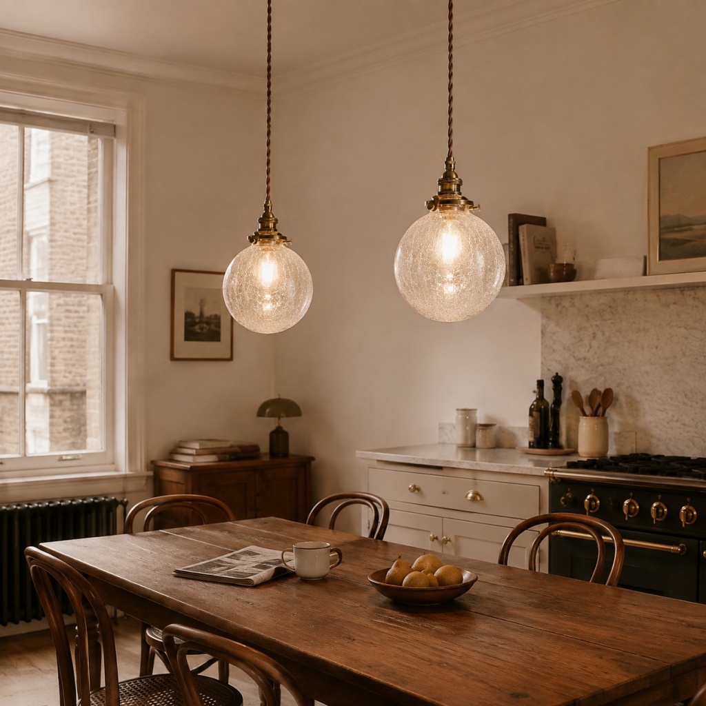 Dining scene with two pendant lights above a table