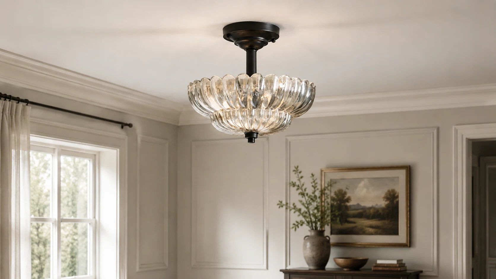 Vintage Bloom fluted glass semi-flush ceiling light in a warm interior scene