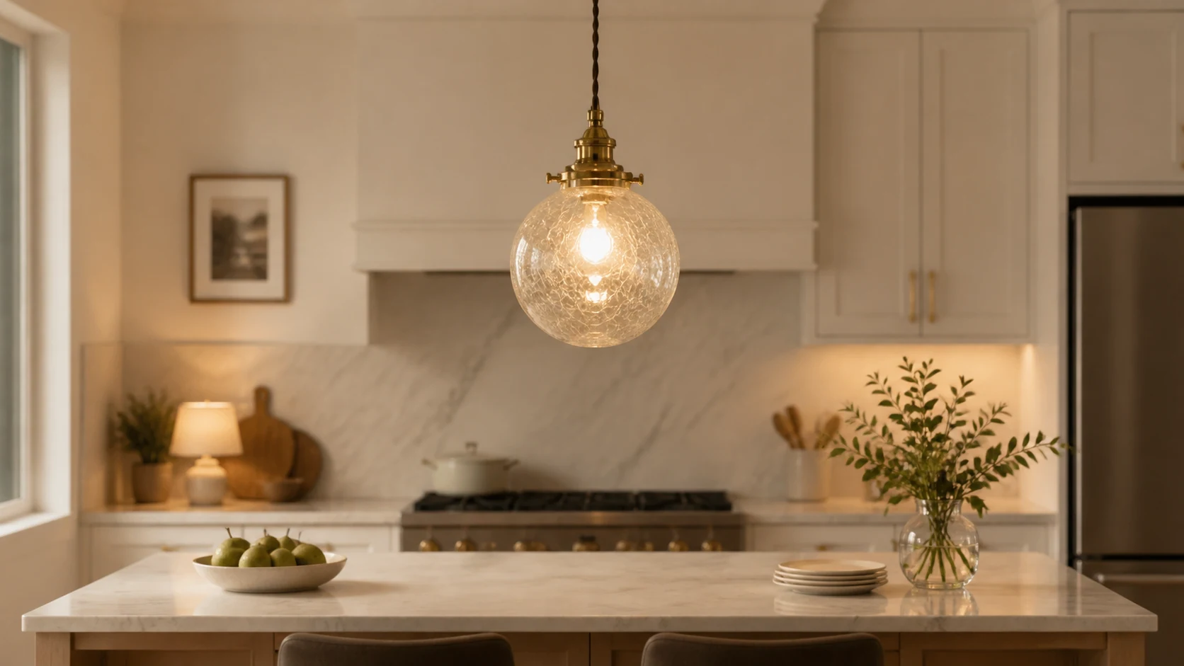 Crackled Glass Globe Brass Pendant Light in a warm interior scene