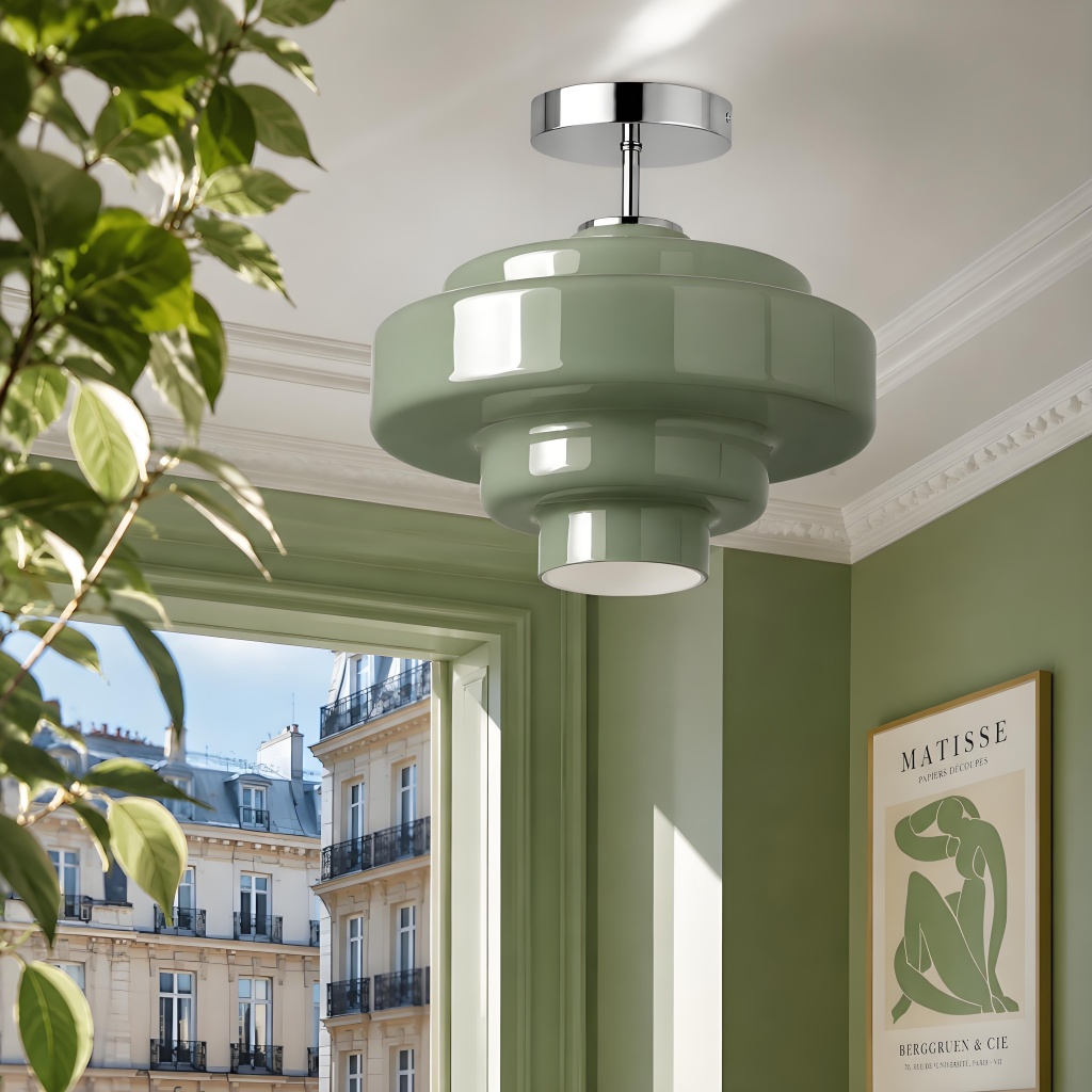 Taupe Koloro ceiling light in a room with green accent wall