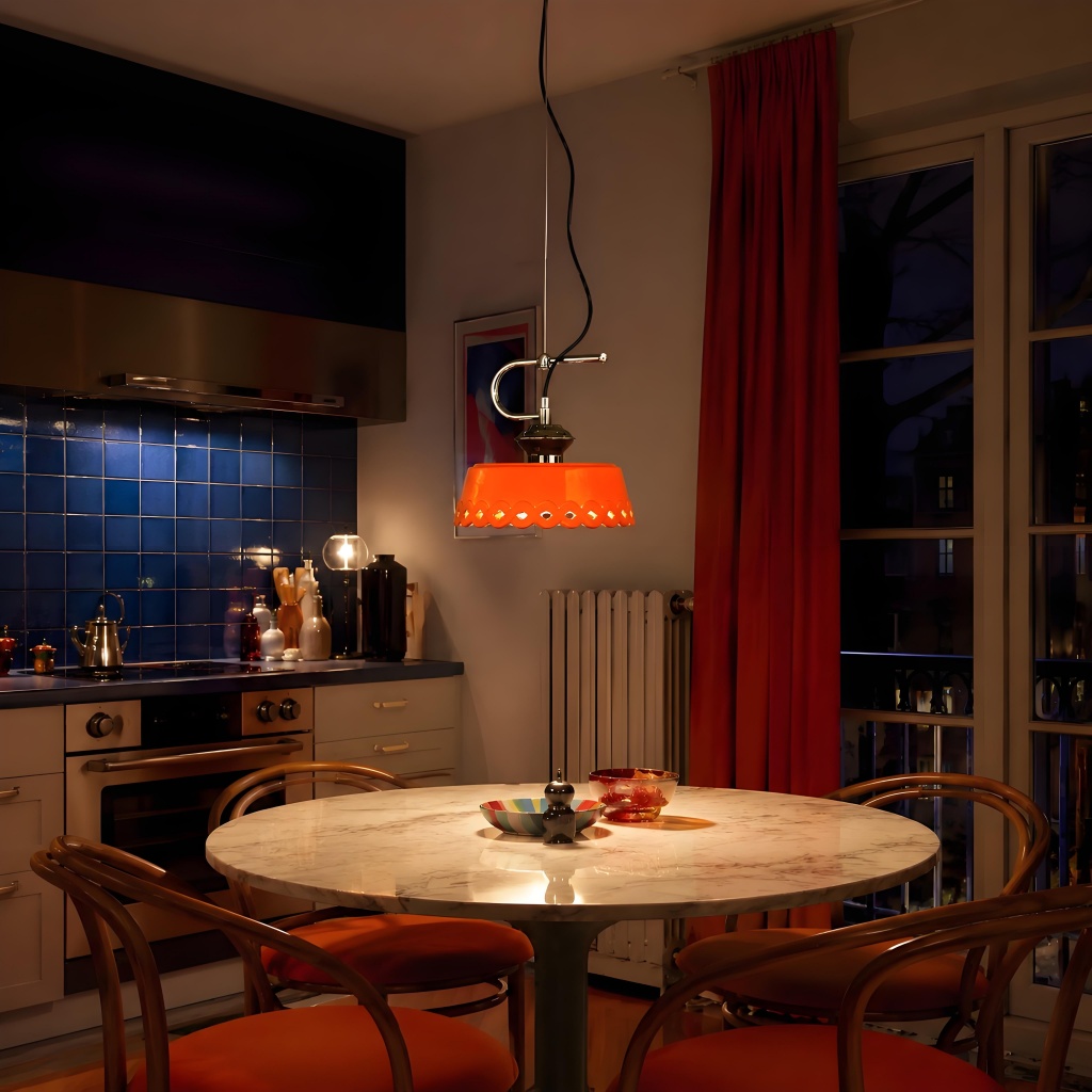 Orange pendant lamp in dark kitchen scene