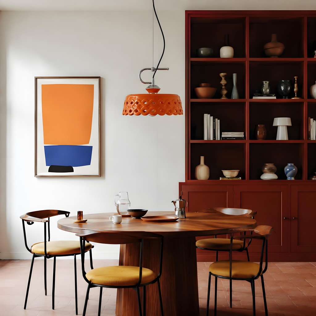 Orange pendant lamp above dining table