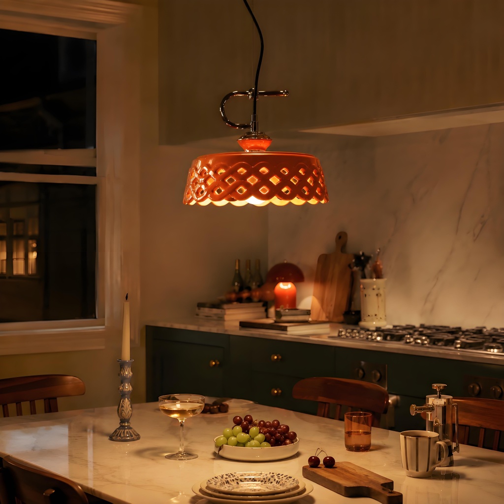 Orange pendant lamp lit above kitchen island
