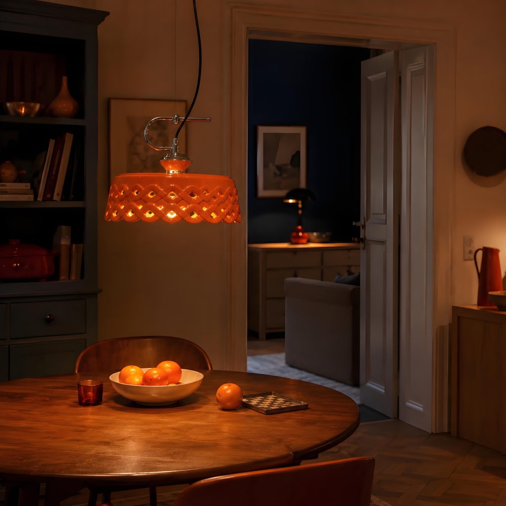 Orange pendant lamp in moody low light dining room
