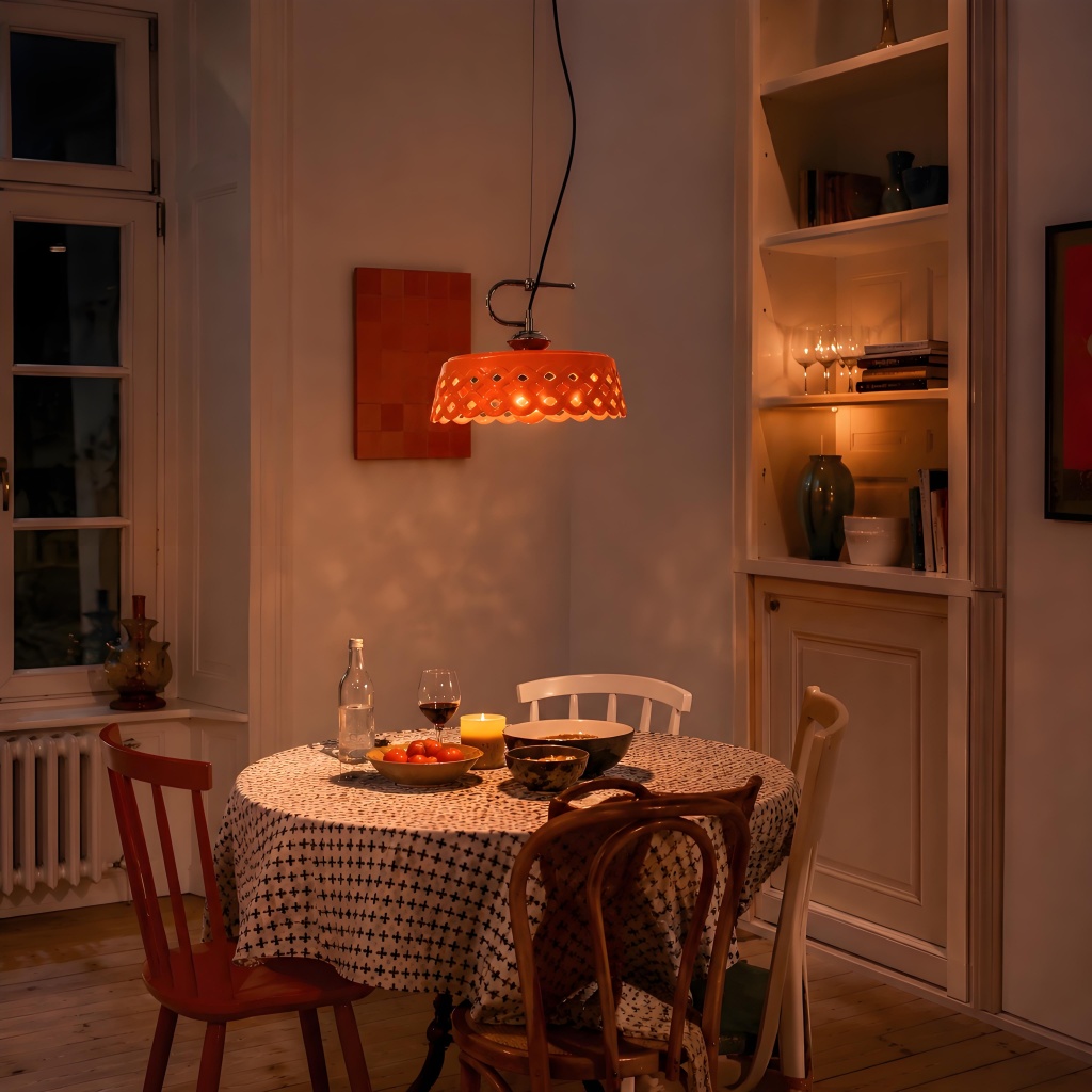 Orange pendant lamp in warm dining room scene