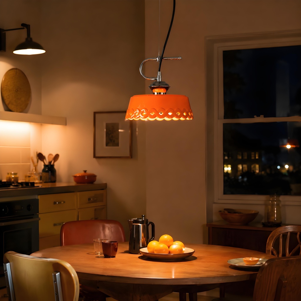 Orange pendant lamp in evening dining room