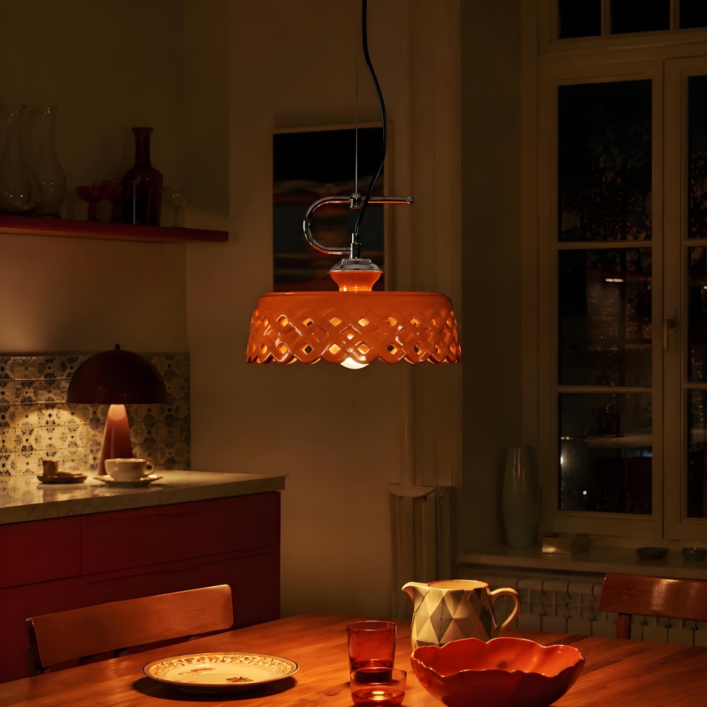 Orange pendant lamp glowing in cozy dining room