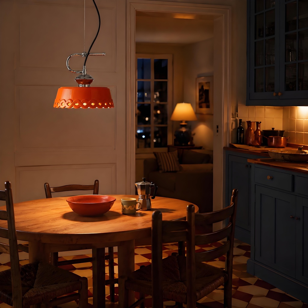 Orange pendant lamp centered above dining table