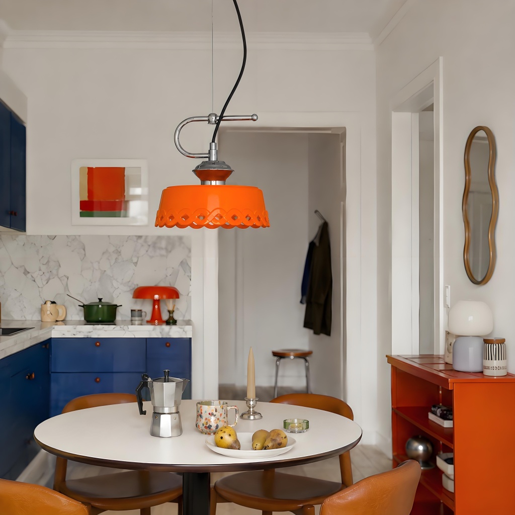 Orange pendant lamp in bright kitchen dining scene