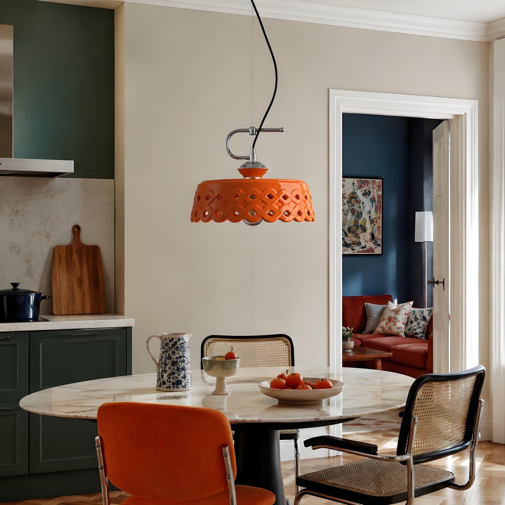 Orange pendant lamp in bright kitchen dining scene