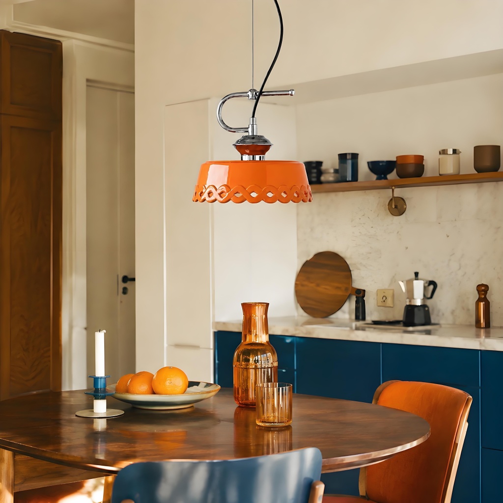 Orange pendant lamp in warm kitchen dining room