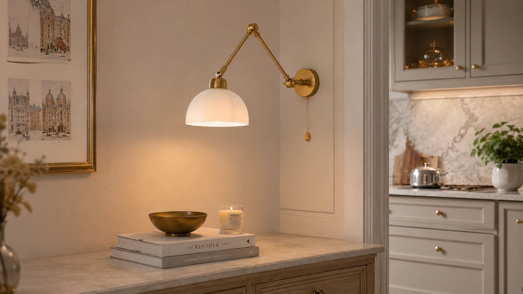 Swing Arm Milk Glass Wall Lamp in a warm interior hero scene
