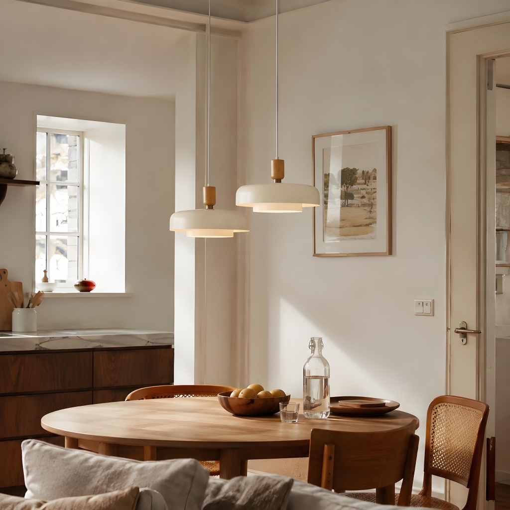 Orbulis wood halo pendant in a lifestyle room setting