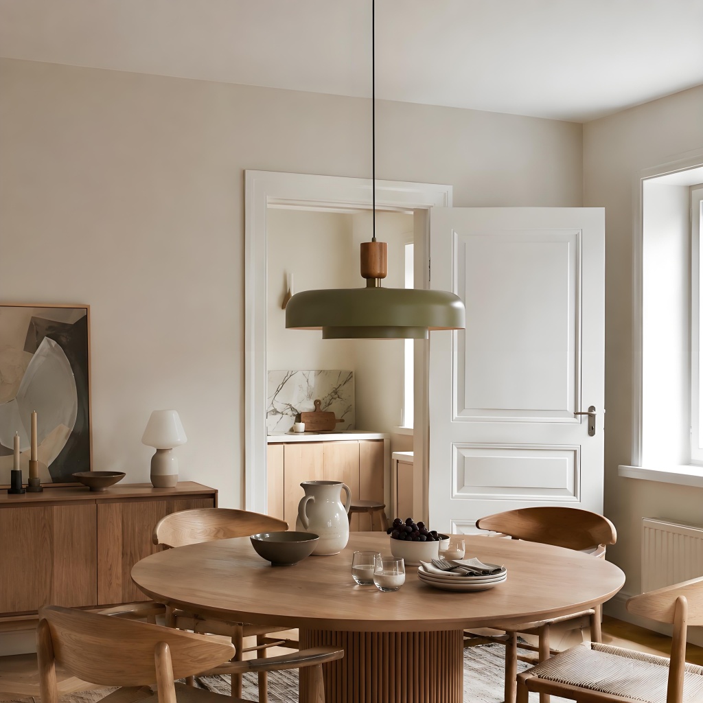 Orbulis wood halo pendant in a warm modern room