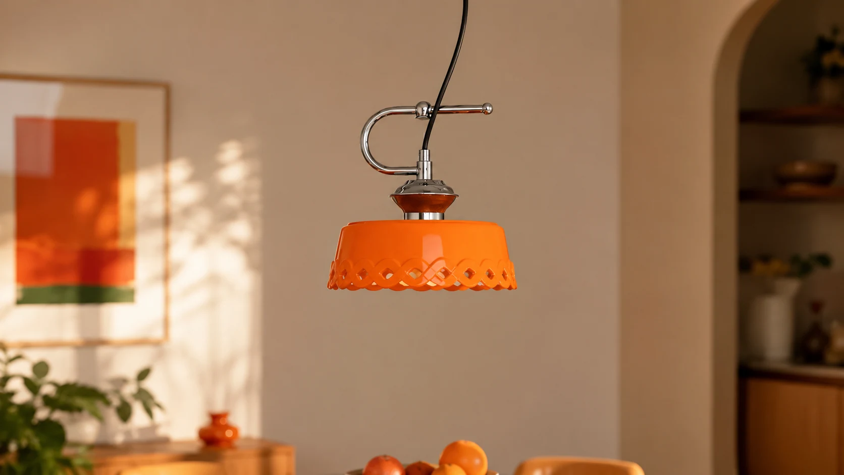 Orange metal and ceramic pendant lamp in a warm dining interior