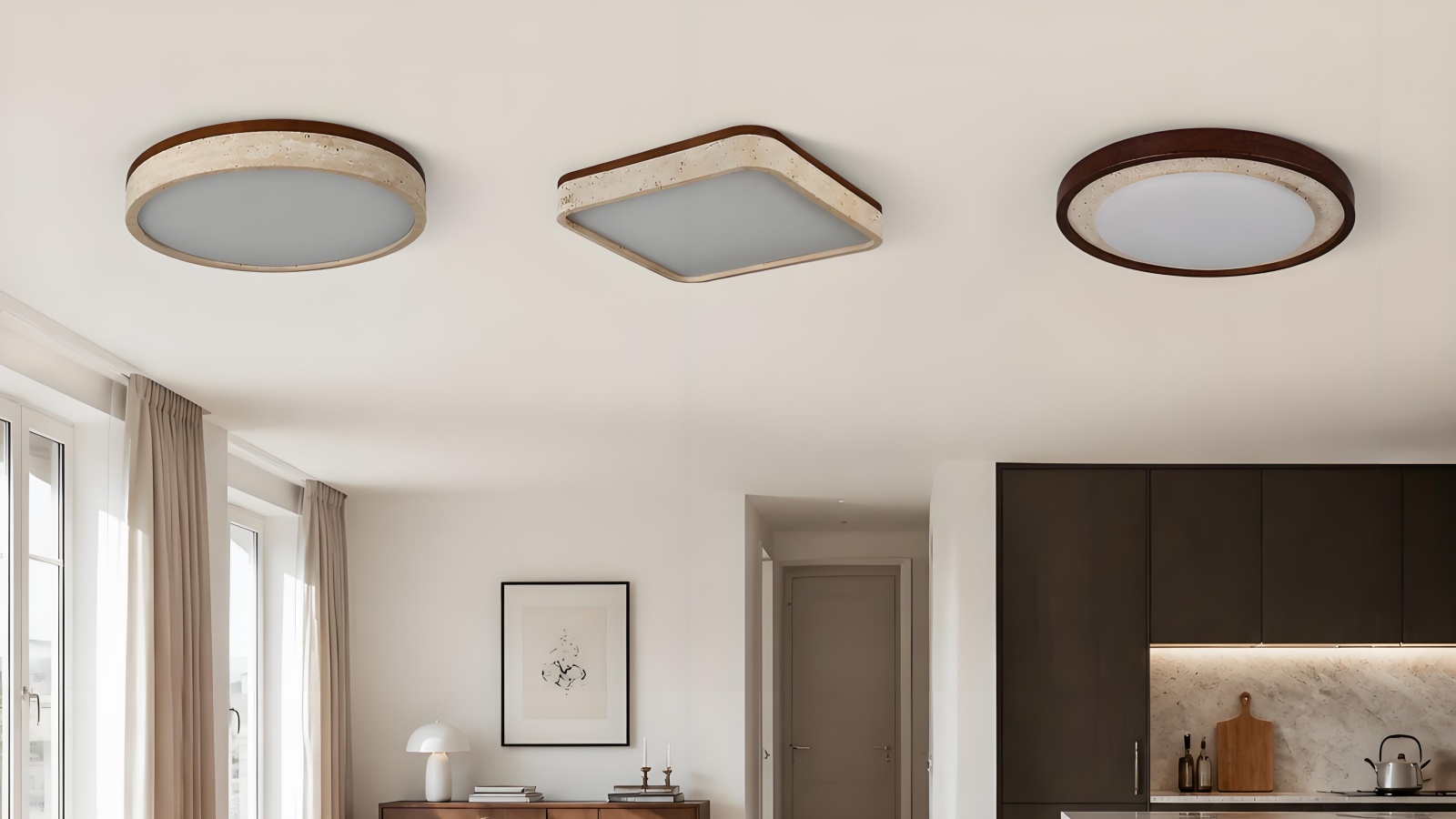 Travertine ceiling lights in a warm hallway