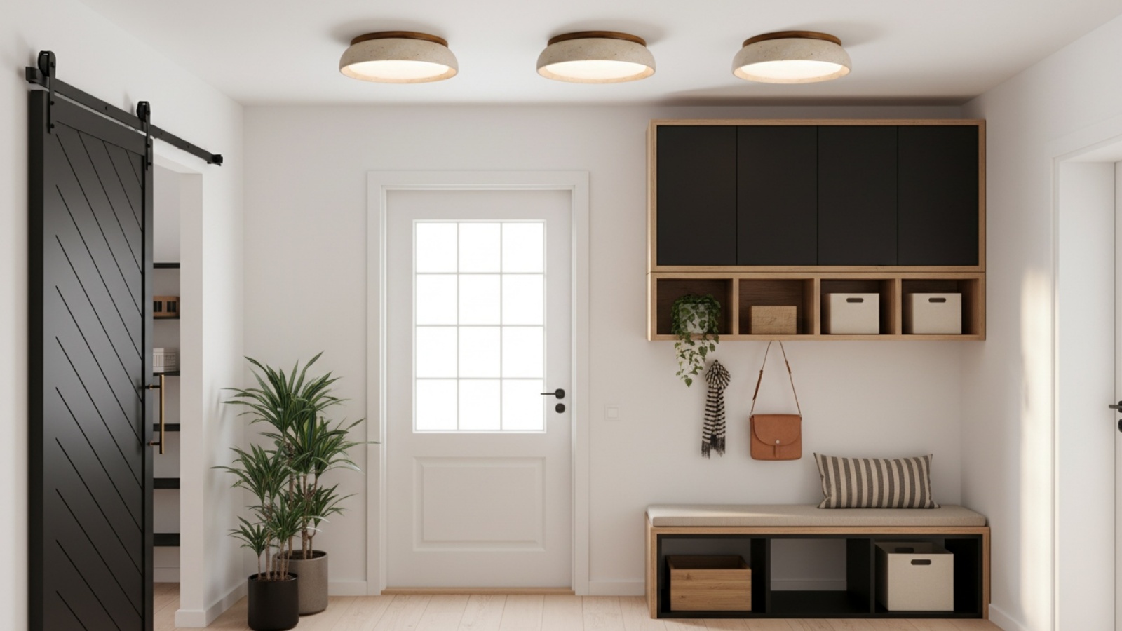 Modern travertine ceiling light in a bright entryway