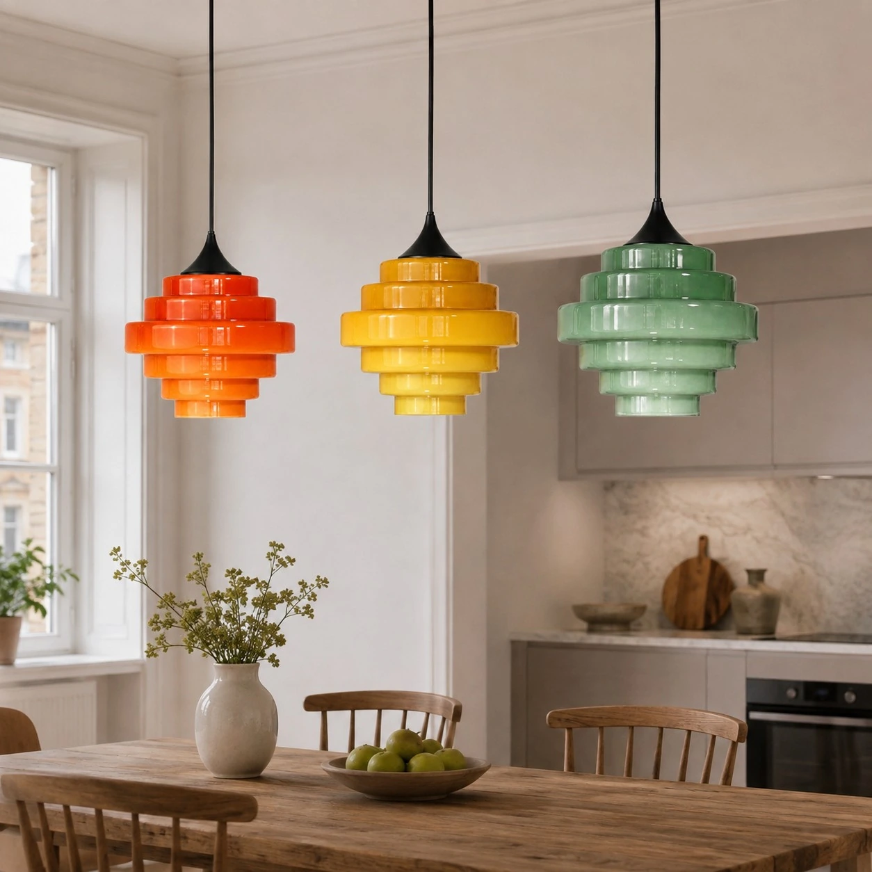 Lampa wisząca Sanenos w kolorowej jadalni