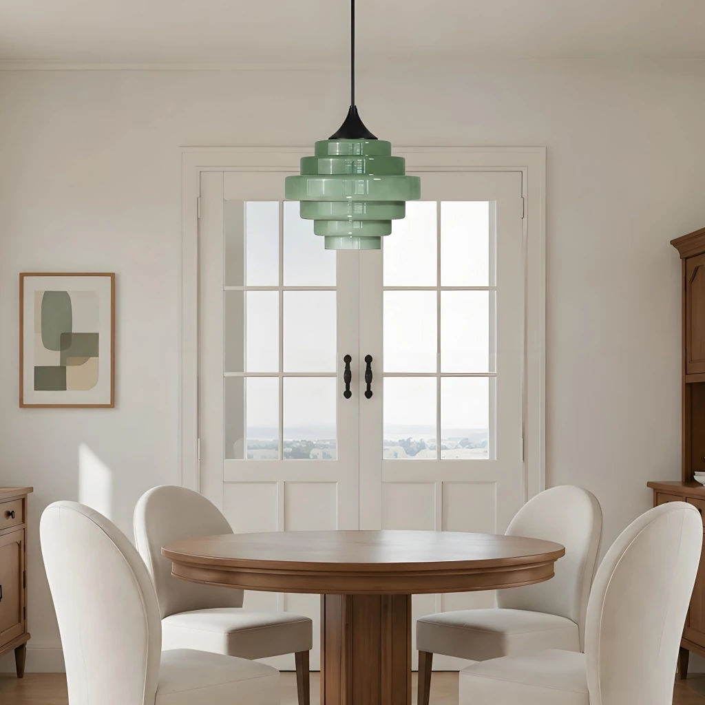 Lampa wisząca Sanenos nad stołem jadalnym z ciemnego drewna